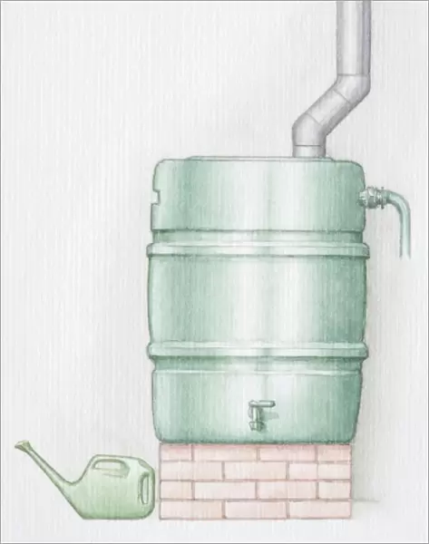 Water butt, pipe running into container on brick socket, watering can standing to left