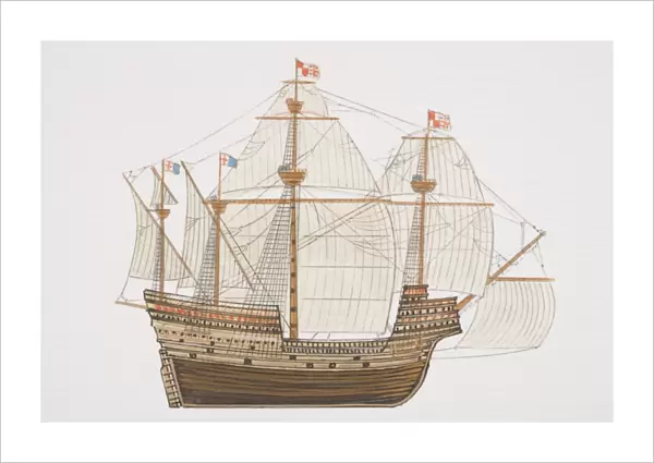 Wooden ship with multiple sails and flags flying on masts