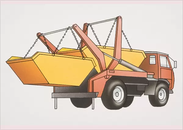 Two yellow skips loaded onto red refuse truck, rear view