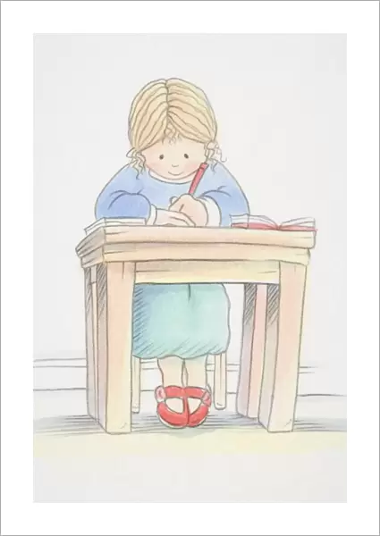 Blonde girl in green skirt, blue jumper and red shoes sitting by small desk and writing, low angle view