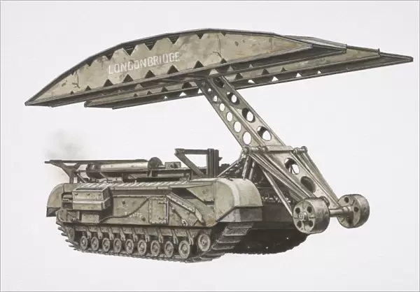Churchill Bridgelayer tank with hull removed and bridge attached to a hinged arm, side view