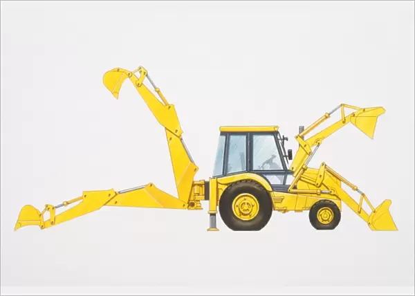 Diagram of backhoe loader depicting both the digging and loading positions of the front and back arms, side view