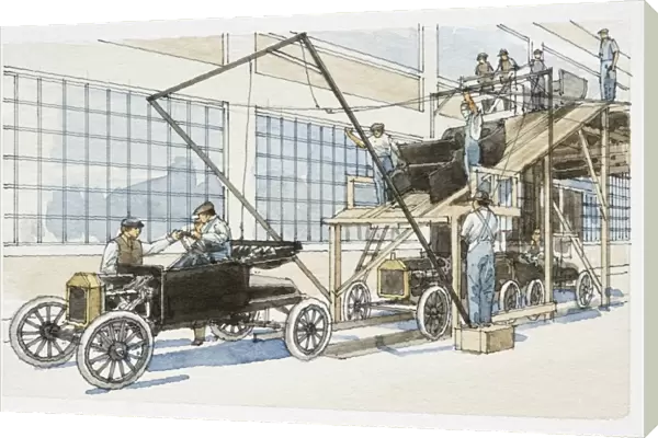 1913 car assembly line, front view
