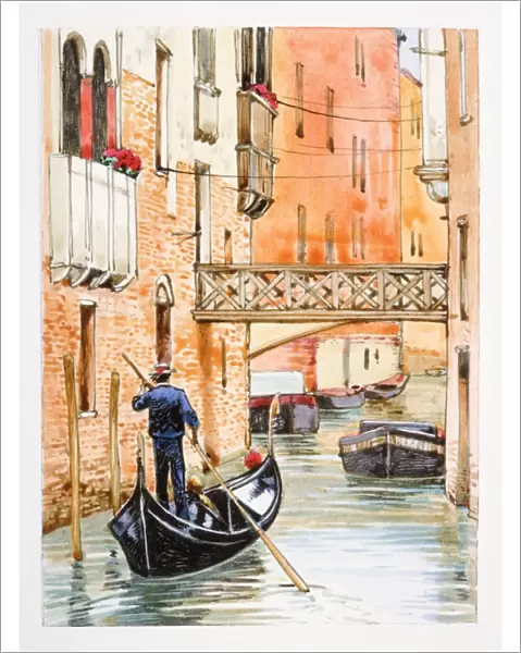 Italy, Venice, man rowing gondola in city canal, rear view