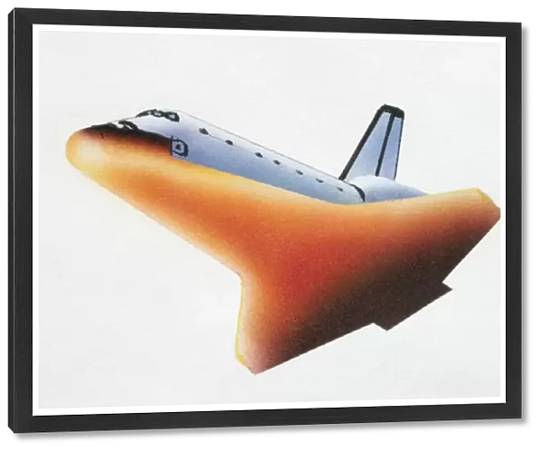 Space shuttle returning Earth through the atmosphere with heat-shield tiles glowing red-hot, low angle view
