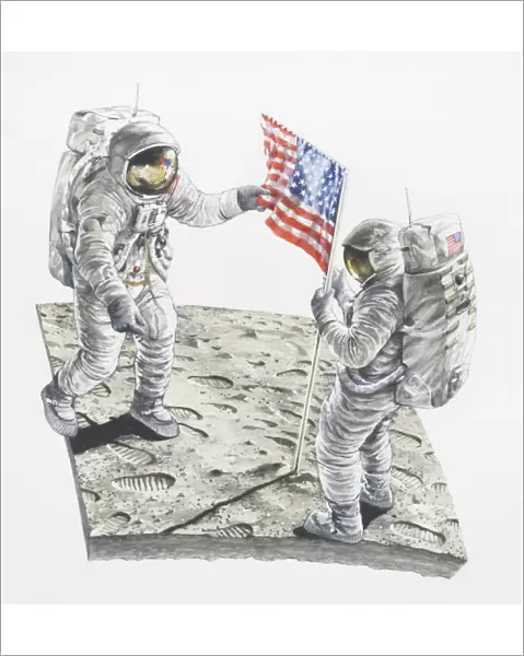 Two astronauts on the moon, USA flag flying