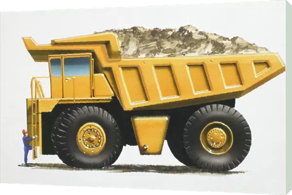 Yellow earth mover truck with man climbing side ladder, side view