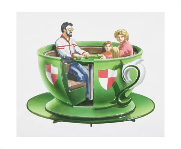 Artwork of a green teacup ride seat containing a man, woman and two children