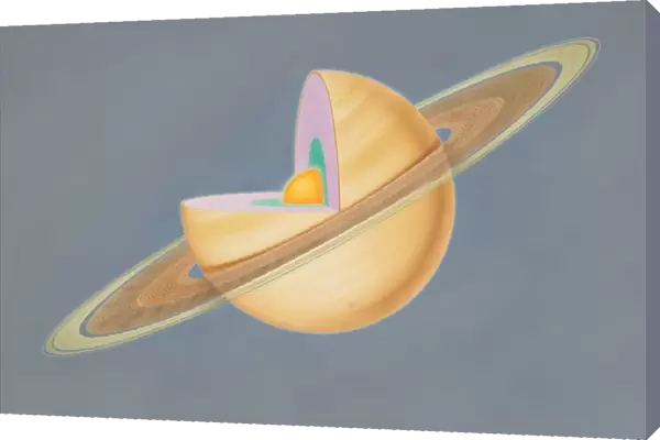 Diagram of planet Saturn with quarter of sphere removed to reveal subterranean layers, front view