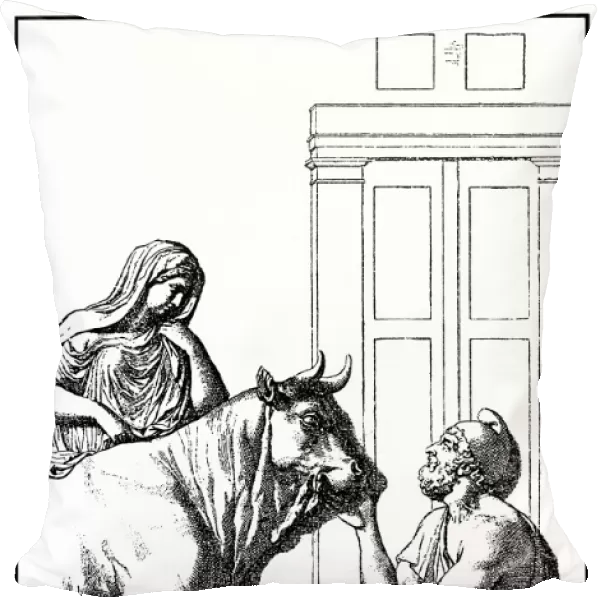 Daedalus delivering the wooden cow to Pasiphae, PasiphaA