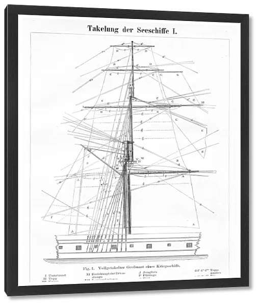 Fully seamed vessel sail engraving 1895