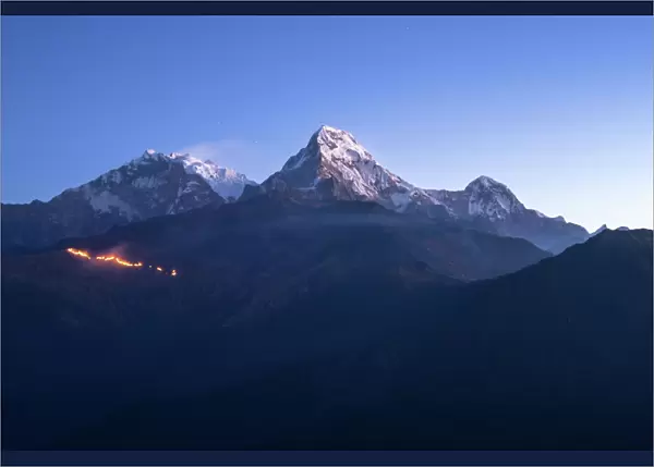 The majestic panorama view of Himalayan mountain range during sunrise view from Poon Hill view point at Nepal