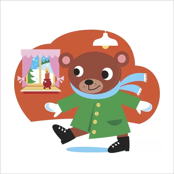 Smiling teddy bear in green coat, blue scarf and black shoes, walking through room, window looking out on snowy landscape