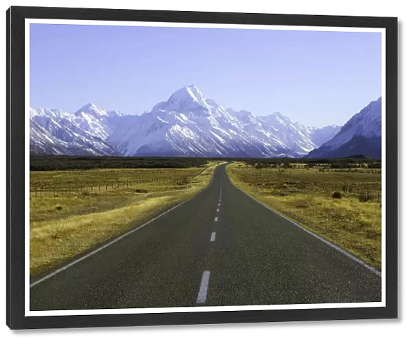 New Zealand, South Island, road with mountains in background, winter