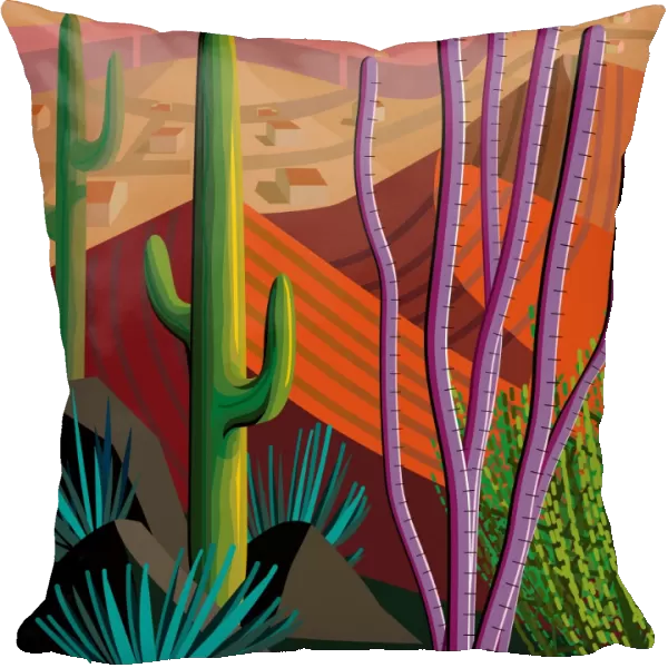 Desert, Cactus, Mountains Landscape Illustration in Square Format