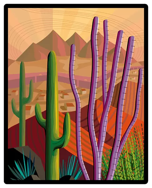 Desert, Cactus, Mountains Landscape Illustration