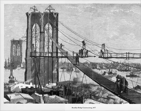 Brooklyn Bridge Construction Victorian Engraving, 1877