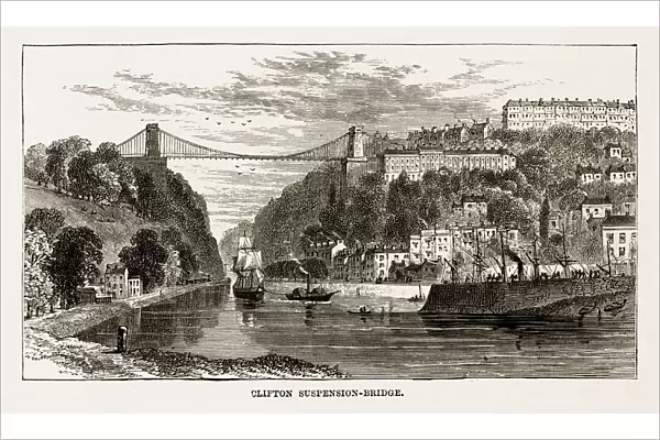 Clifton Suspension Bridge in Bristol, England Victorian Engraving, Circa 1840
