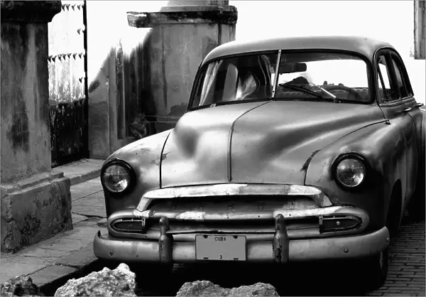 black and white, car, chevrolet, chevy, cuba, day, desaturated, havana, heritage