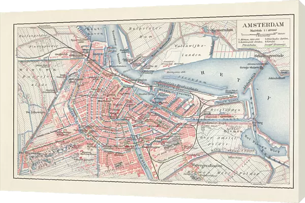 City map of Amsterdam, Netherlands, lithograph, published in 1897
