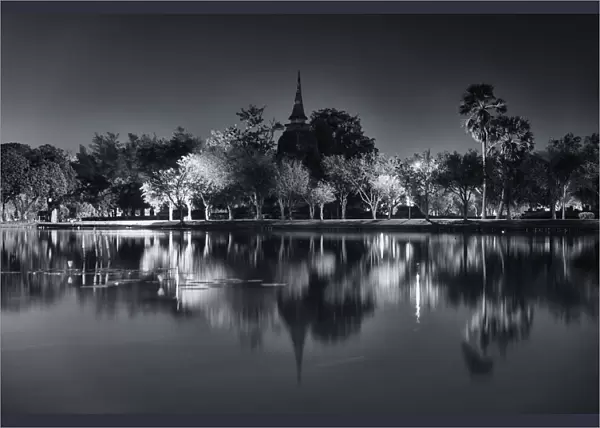 B&W of Sukhothai temple at night, Thailand