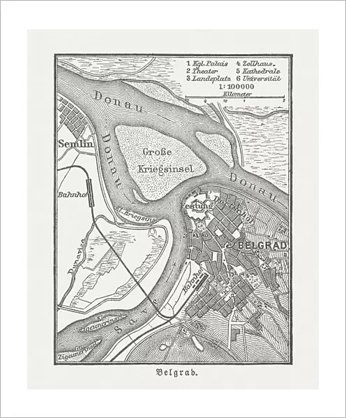 Historic city map of Belgrade, Serbia, wood engraving, published 1897