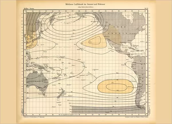 January and February Air Pressure Chart, Pacific Ocean, German Antique Victorian Engraving, 1896