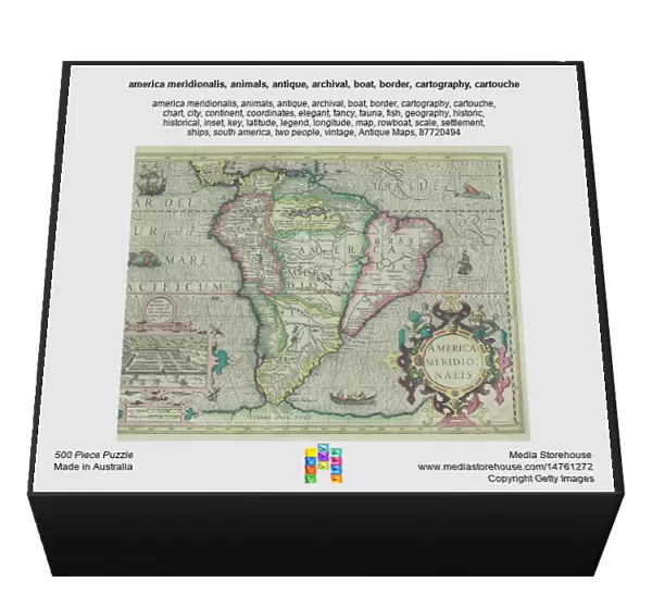 america meridionalis, animals, antique, archival, boat, border, cartography, cartouche