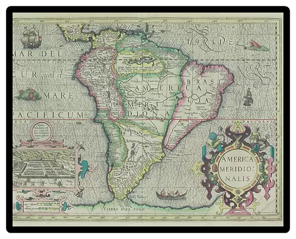 america meridionalis, animals, antique, archival, boat, border, cartography, cartouche