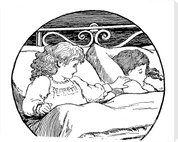 Antique children book illustrations: Girls in bed