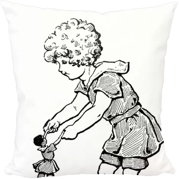 Antique childrens book comic illustration: child playing with doll