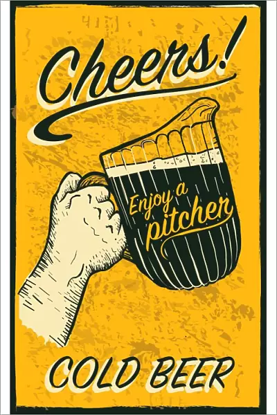 Hand holding beer pitcher with text phrases retro poster design