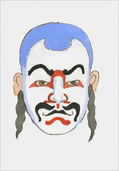 close-up, evil, human face, illustrative technique, japanese ethnicity, kabuki, looking at camera
