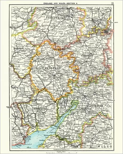 Antique map, Hereford, Worester, Monmouth, Gloucester, Shropshire, 19th Century