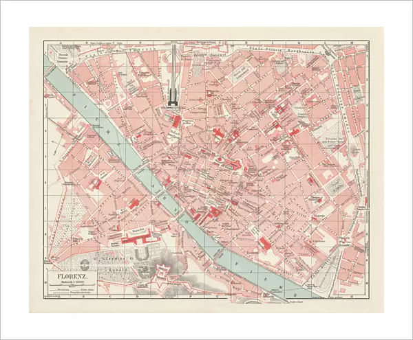 City map of Florence, Italy, lithograph, published in 1897