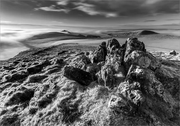 Peak District, black and white rocky landscape. UK
