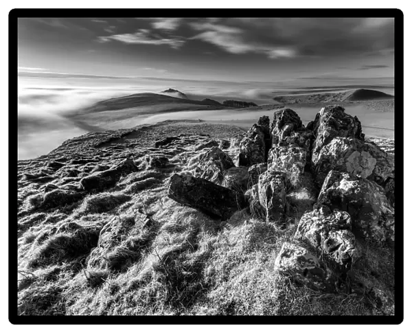 Peak District, black and white rocky landscape. UK