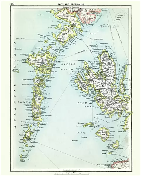 Antique map, Scotland, Isle of Skye, South and North Uist