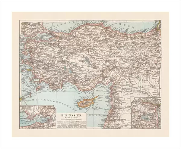 Old topographic map of Asia Minor (Turkey), lithograph, published 1897