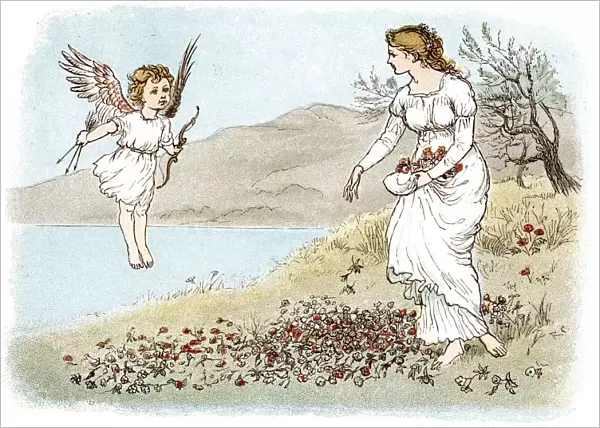 Cupid. Vintage colour lithograph from 1883 showing a young woman out collecting