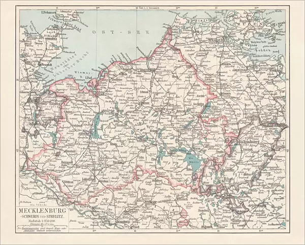 Topographic map of Mecklenburg, Germany, lithograph, published in 1897