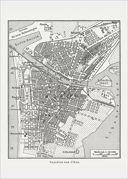 City map of Liepuja (German: Libau), Latvia, woodcut, published 1897