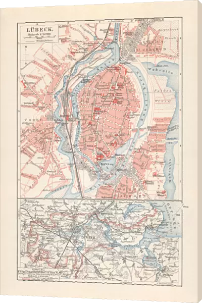 City map of LAOEbeck (Germany) and suburbs, lithograph, published 1897