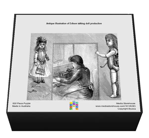 Antique illustration of Edison talking doll production