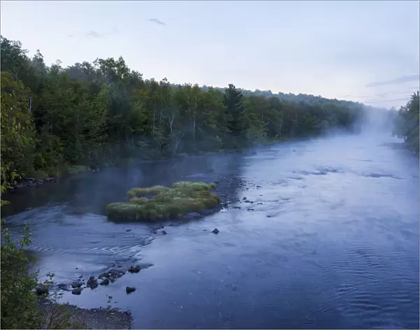 Morning mist rising from East Branch of Penobscot River, Matagamon Wilderness Camps, International Appalachian Trail, Maine, USA