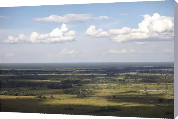 aerial view, beauty in nature, botswana, cloudscape, day, flat, grass area, horizon over land