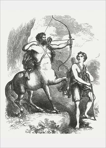 Chiron teaching Achilles, Greek mythology, wood engraving, published in 1880
