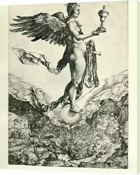 Nemesis. Vintage engraving by Albrech Durer, showing Nemesis, c.1502