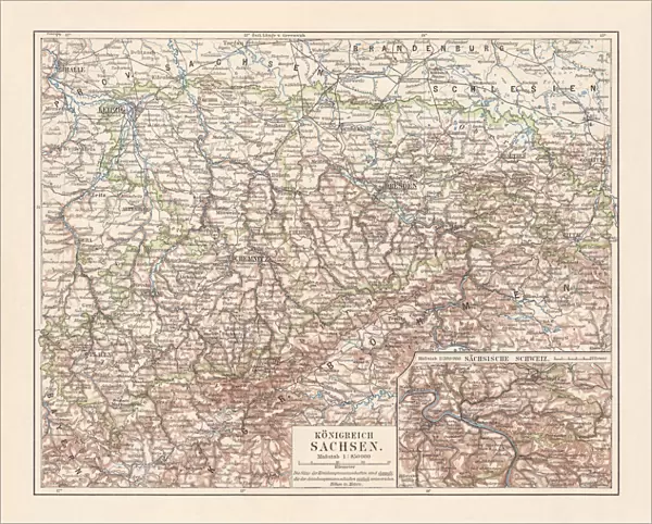 Topographic map of the Kingdom of Saxony (Germany), lithograph, 1897