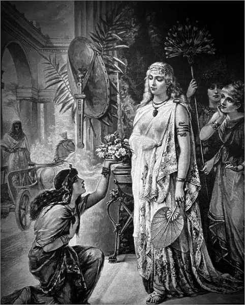 Egyptian goddess gets a bouquet of flowers from a young Egyptian girl - 1888
